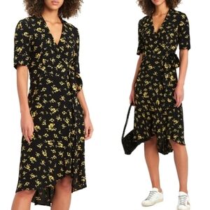 GIANNI Black Floral Midi Dress with Yellow Print Designer Normcore Spring | 36